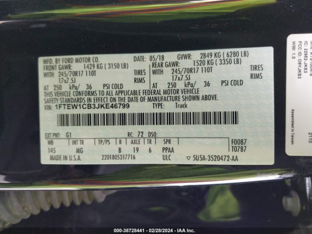 1FTEW1CB3JKE46799 Ford F-150 Xlt