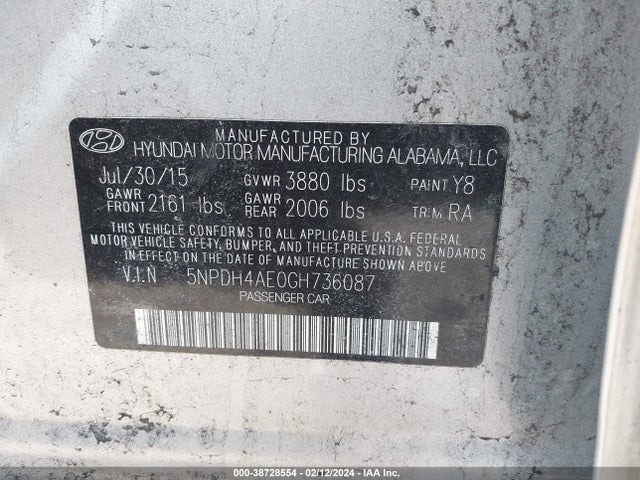2016 HYUNDAI ELANTRA SE VIN: 5NPDH4AE0GH736087
