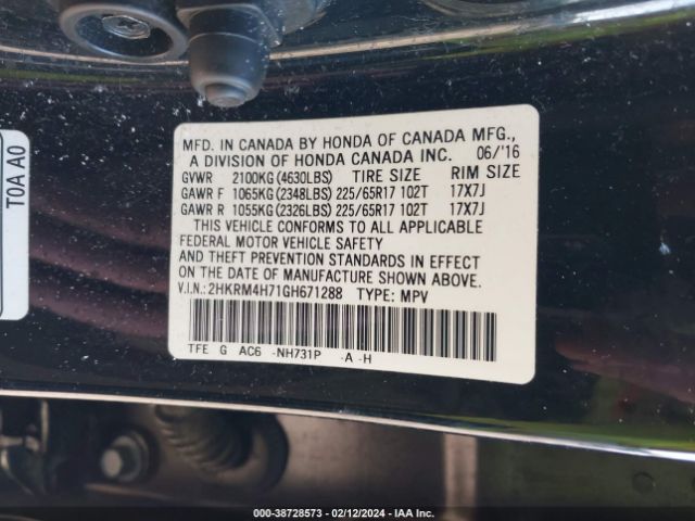2HKRM4H71GH671288 Honda Cr-v Ex-l