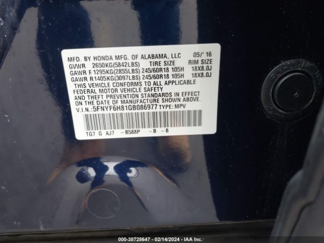 5FNYF6H81GB086977 Honda Pilot Ex-l