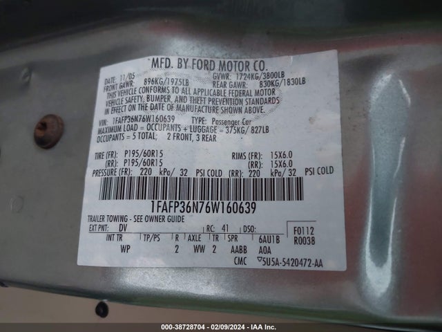 2006 FORD FOCUS ZXW VIN: 1FAFP36N76W160639