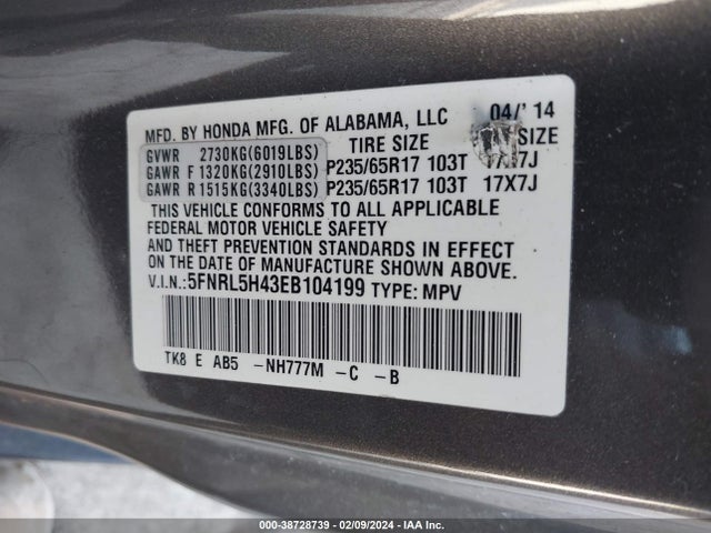 Honda ODYSSEY EX 2014 5FNRL5H43EB104199 Image 9