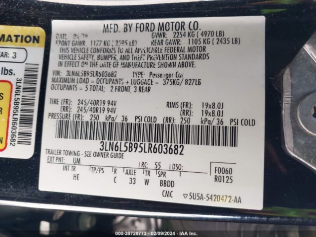 3LN6L5B95LR603682 Lincoln Mkz Standard
