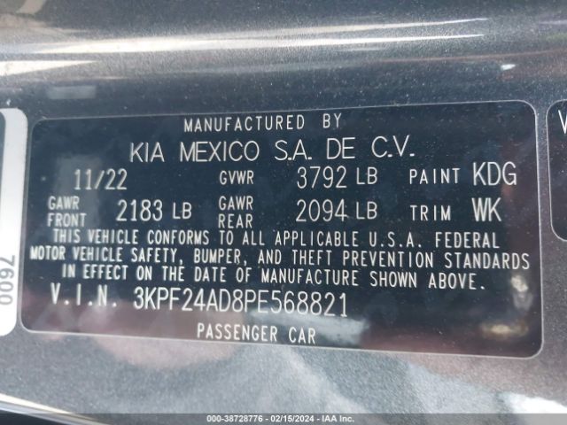 3KPF24AD8PE568821 KIA FORTE LX