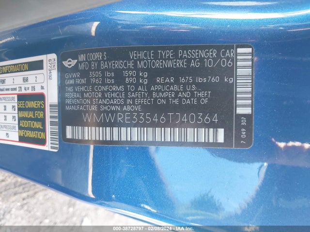 2006 MINI COOPER S WMWRE33546TJ40364 Photo 8