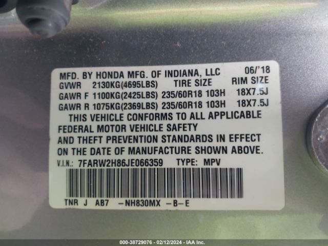 7FARW2H86JE066359 Honda Cr-v Ex-l/ex-l Navi
