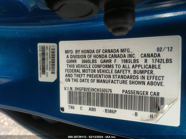 2012 HONDA CIVIC LX VIN: 2HGFB2E59CH550576