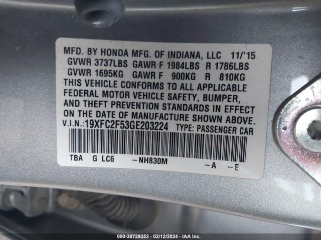 Honda Civic Lx 2016 19XFC2F53GE203224 Image 9
