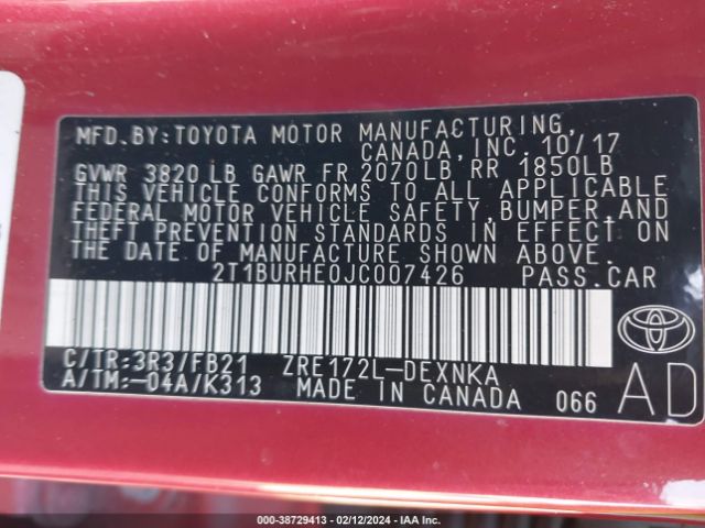 2T1BURHE0JC007426 Toyota COROLLA LE