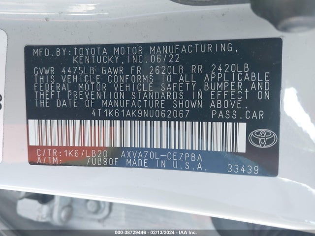 2022 TOYOTA CAMRY XSE VIN: 4T1K61AK9NU062067