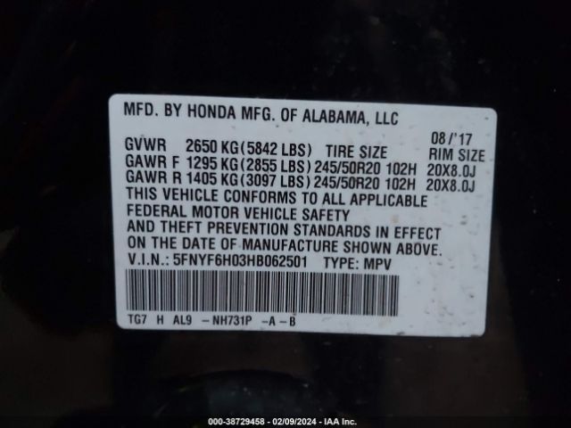 5FNYF6H03HB062501 Honda Pilot Elite
