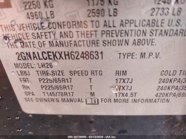 Chevrolet EQUINOX LT 2017 2GNALCEKXH6248631 Image 9