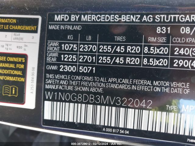 W1N0G8DB3MV322042 Mercedes-Benz Glc 300 Suv