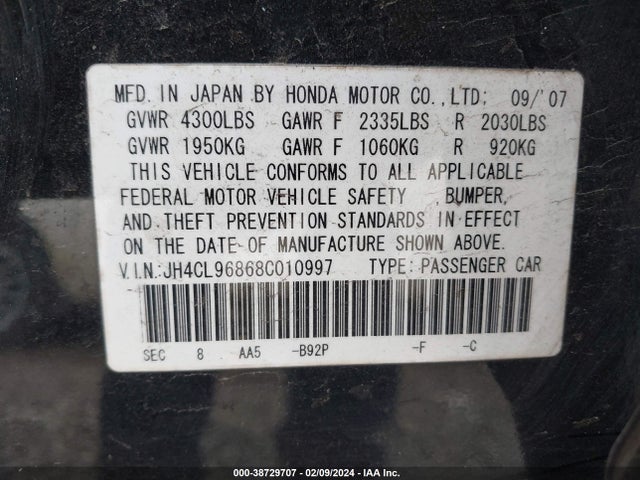 2008 ACURA TSX VIN: JH4CL96868C010997