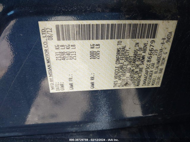 2012 NISSAN MAXIMA 3.5 SV VIN: 1N4AA5AP3CC866679