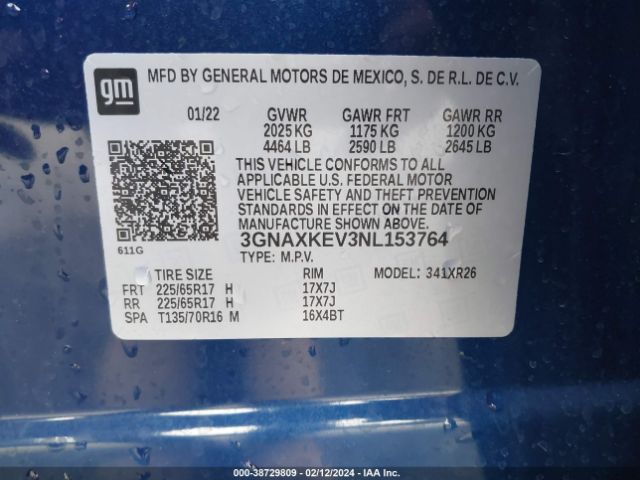 3GNAXKEV3NL153764 Chevrolet Equinox Fwd Lt