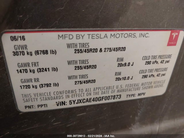 Tesla Model X 60d/p100d/p90d 2016 5YJXCAE40GF007873 Image 9