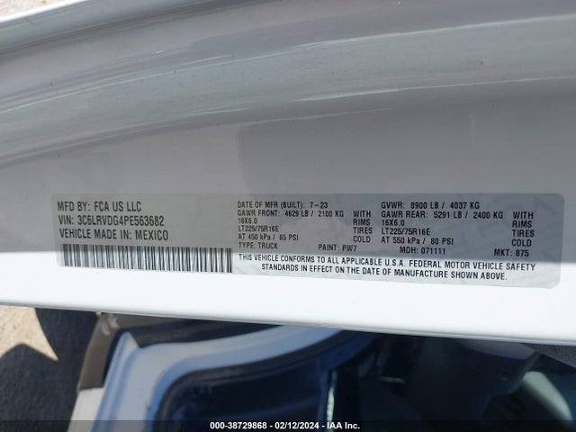 2023 RAM PROMASTER 2500 HIGH ROOF 159 WB VIN: 3C6LRVDG4PE563682