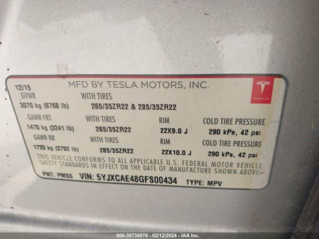 5YJXCAE48GFS00434 Tesla Model X 60d/p100d/p90d