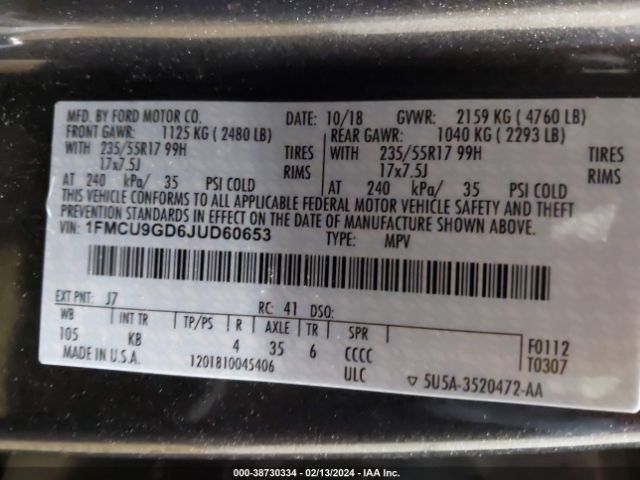 1FMCU9GD6JUD60653 Ford ESCAPE SE
