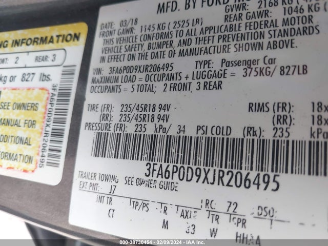 Ford Fusion Titanium 2018 3FA6P0D9XJR206495 Image 9