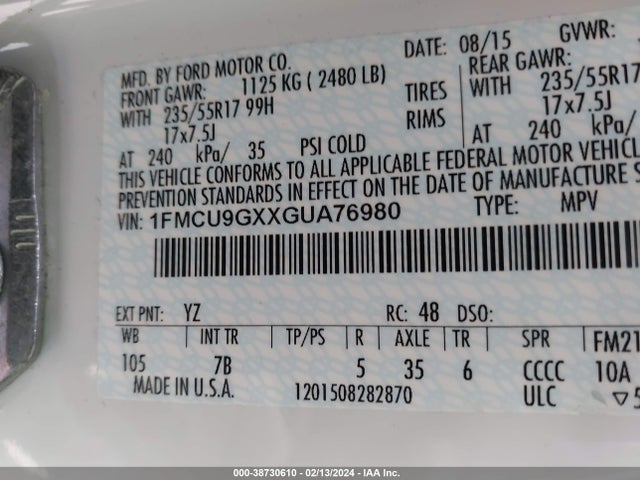 Ford ESCAPE SE 2016 1FMCU9GXXGUA76980 Image 9