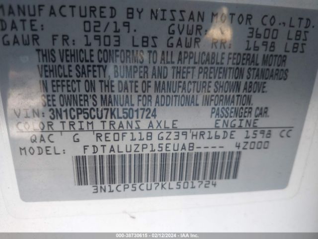 3N1CP5CU7KL501724 Nissan KICKS SR