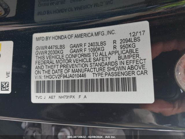 1HGCV2F94JA010446 Honda Accord Touring 2.0t