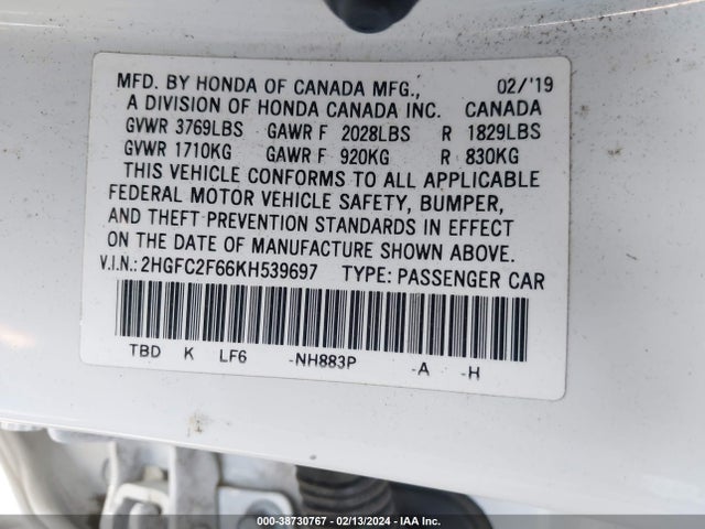 Honda Civic Lx 2019 2HGFC2F66KH539697 Image 9