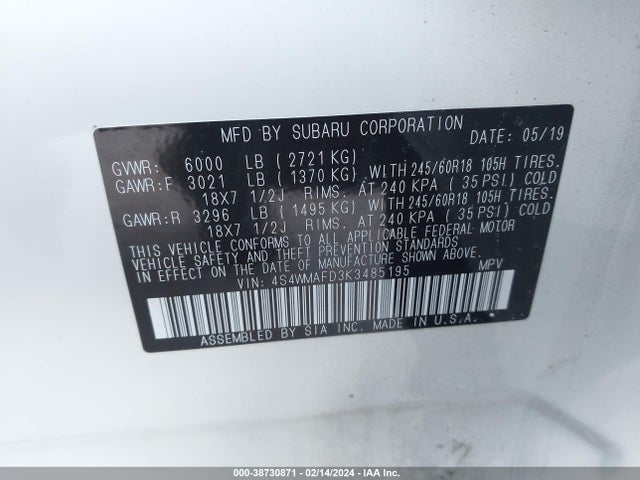 Subaru Ascent Premium 2019 4S4WMAFD3K3485195 Image 9