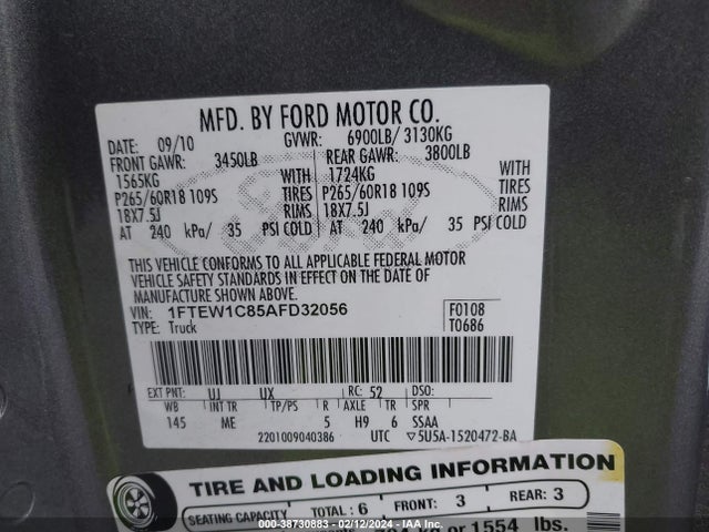 2010 FORD F-150 FX2 SPORT/XL/XLT VIN: 1FTEW1C85AFD32056
