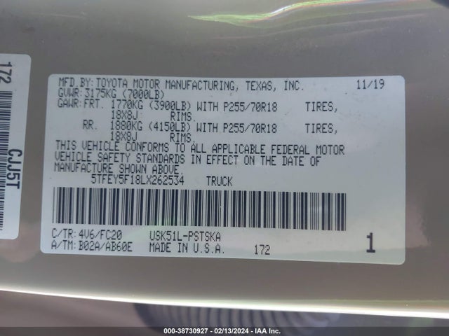 Toyota Tundra Sr5 2020 5TFEY5F18LX262534 Image 9