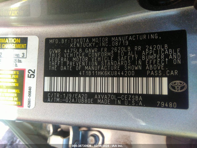 Toyota CAMRY SE 2019 4T1B11HK6KU844200 Image 9