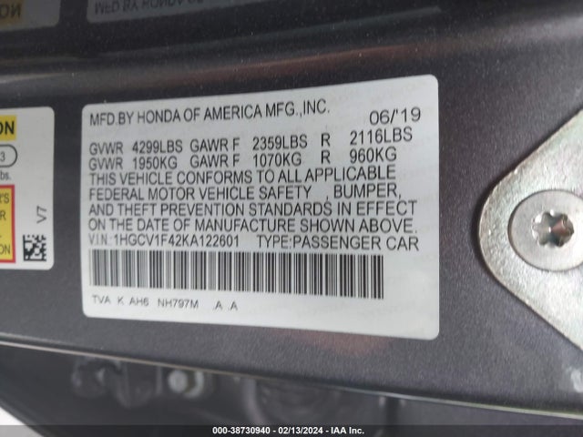 Honda ACCORD EX 2019 1HGCV1F42KA122601 Image 9
