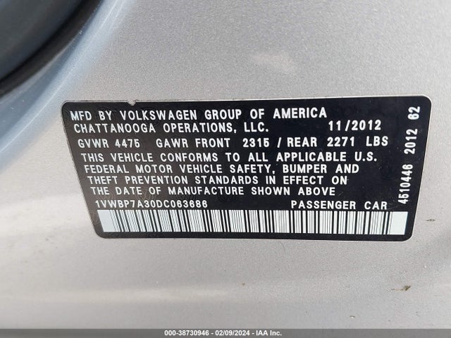 2013 VOLKSWAGEN PASSAT 2.5L SE VIN: 1VWBP7A30DC063686
