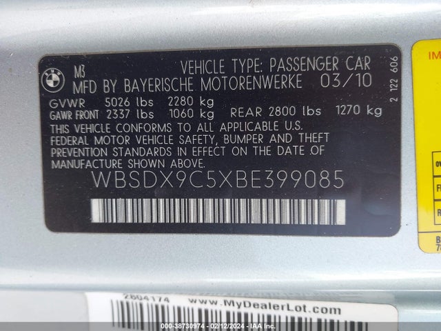 38730974 :رقم المزاد ، WBSDX9C5XBE399085 vin ، 2011 Bmw M3 مزاد بيع