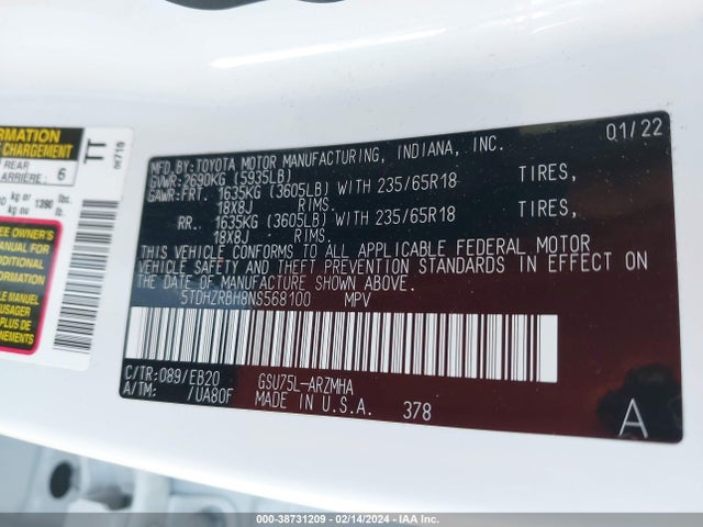 Toyota Highlander Xle 2022 5TDHZRBH8NS568100 Image 9