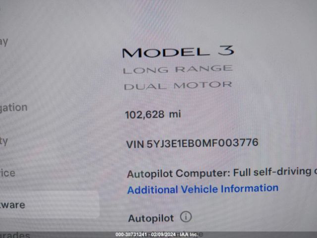 5YJ3E1EB0MF003776 Tesla Model 3 Long Range Dual Motor All-wheel Drive