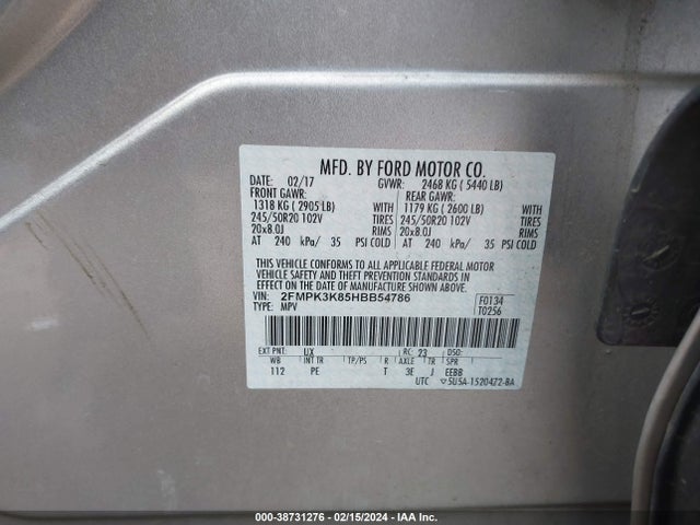 2017 FORD EDGE TITANIUM VIN: 2FMPK3K85HBB54786