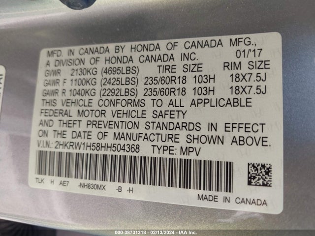 Honda CR-V EX 2017 2HKRW1H58HH504368 Image 9