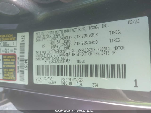 Toyota Tundra Sr5 2022 5TFLA5AB6NX004205 Image 9