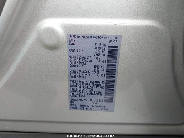 Nissan ROGUE SV 2016 5N1AT2MV7GC862181 Image 9