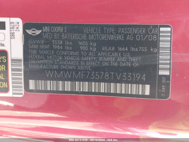 2008 MINI COOPER S WMWMF73578TV33194 Photo 8