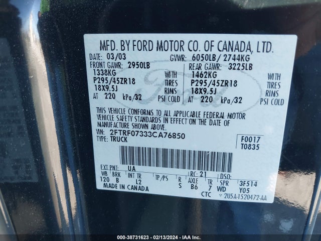 2003 FORD F-150 LIGHTNING VIN: 2FTRF07333CA76850