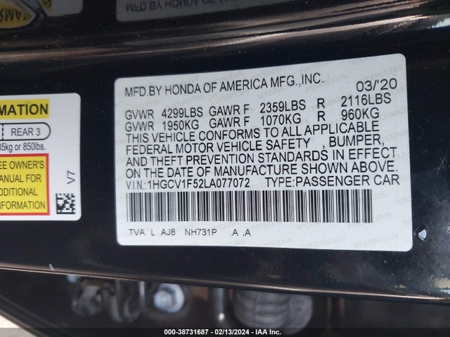 Honda Accord Ex-l 2020 1HGCV1F52LA077072 Image 9