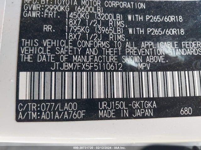 JTJBM7FX5F5110612 Lexus 460