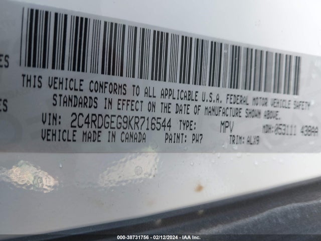 2019 DODGE GRAND CARAVAN GT VIN: 2C4RDGEG9KR716544