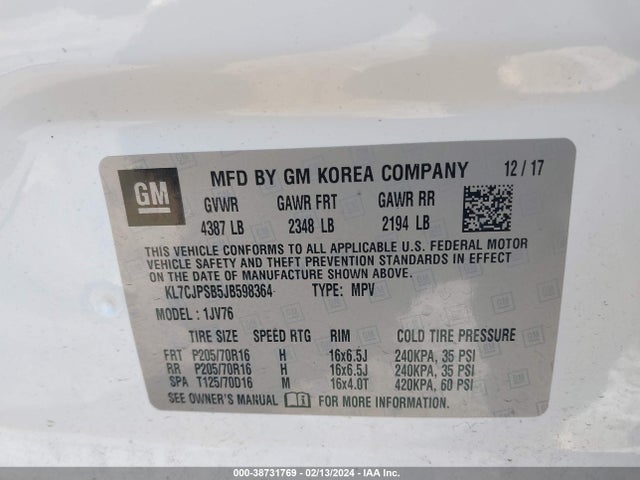 Chevrolet Trax Lt 2018 KL7CJPSB5JB598364 Image 9