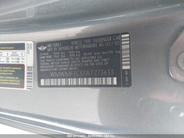 2010 MINI COOPER S WMWMF7C57ATZ73633 Photo 8