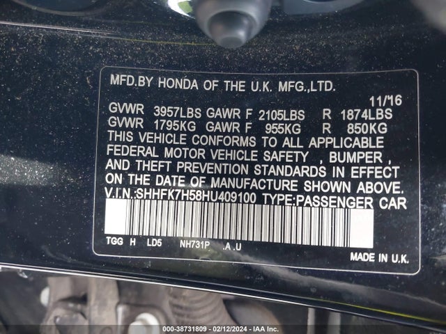 Honda CIVIC EX 2017 SHHFK7H58HU409100 Image 9